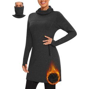Women's Fleece Dress Running Sweatshirts Dresses with Thumb Holes Pocket Black